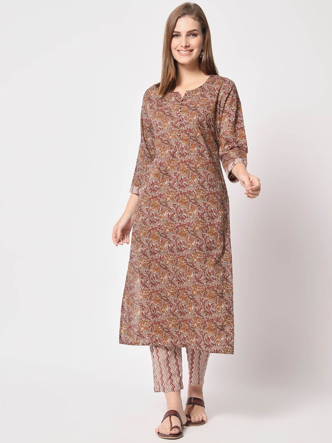 

ODETTE Floral Printed Regular Pure Cotton Kurta With Trousers, Brown