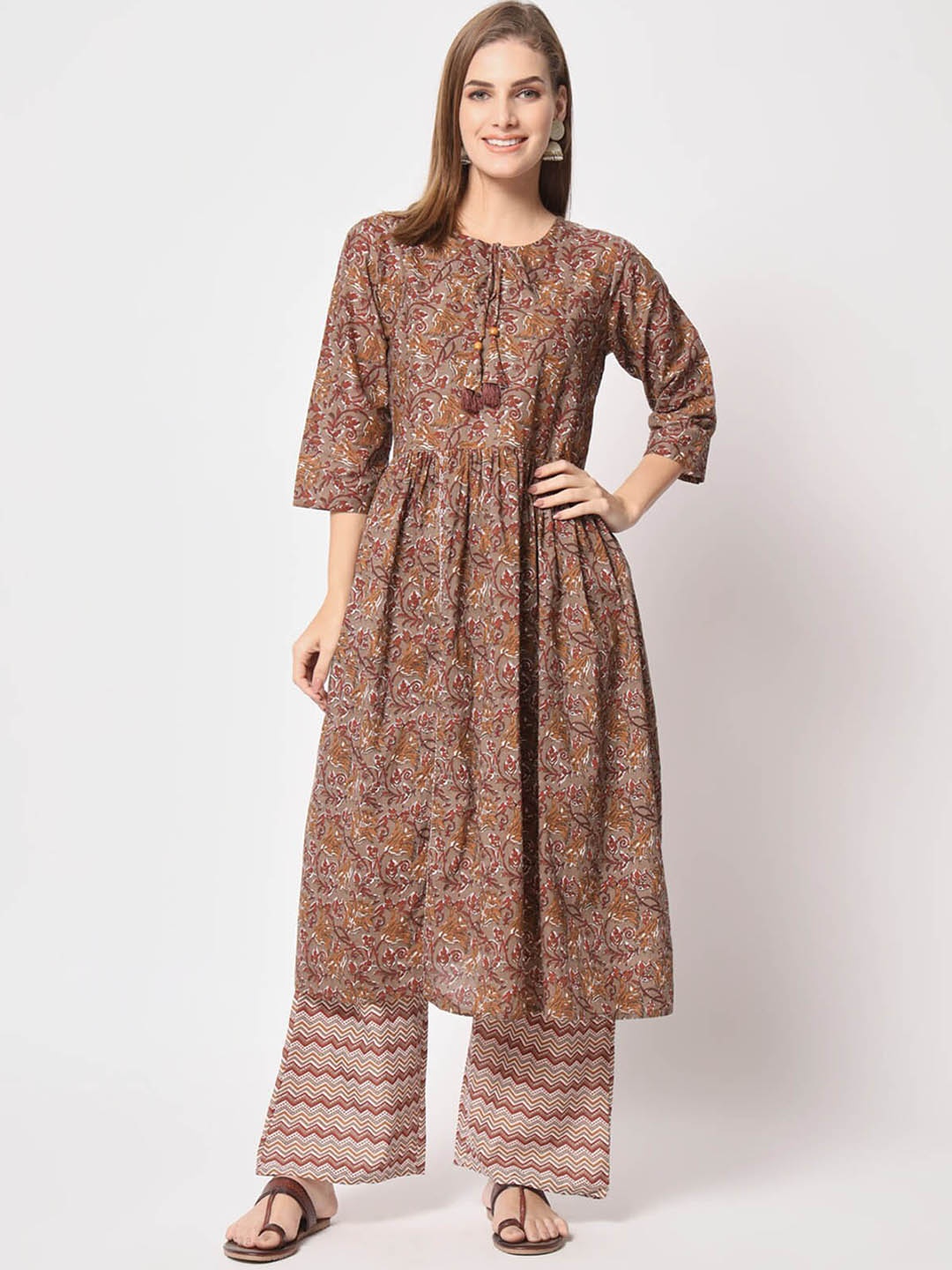 

ODETTE Floral Printed Tie-Up Neck Pure Cotton Kurta With Trousers, Brown