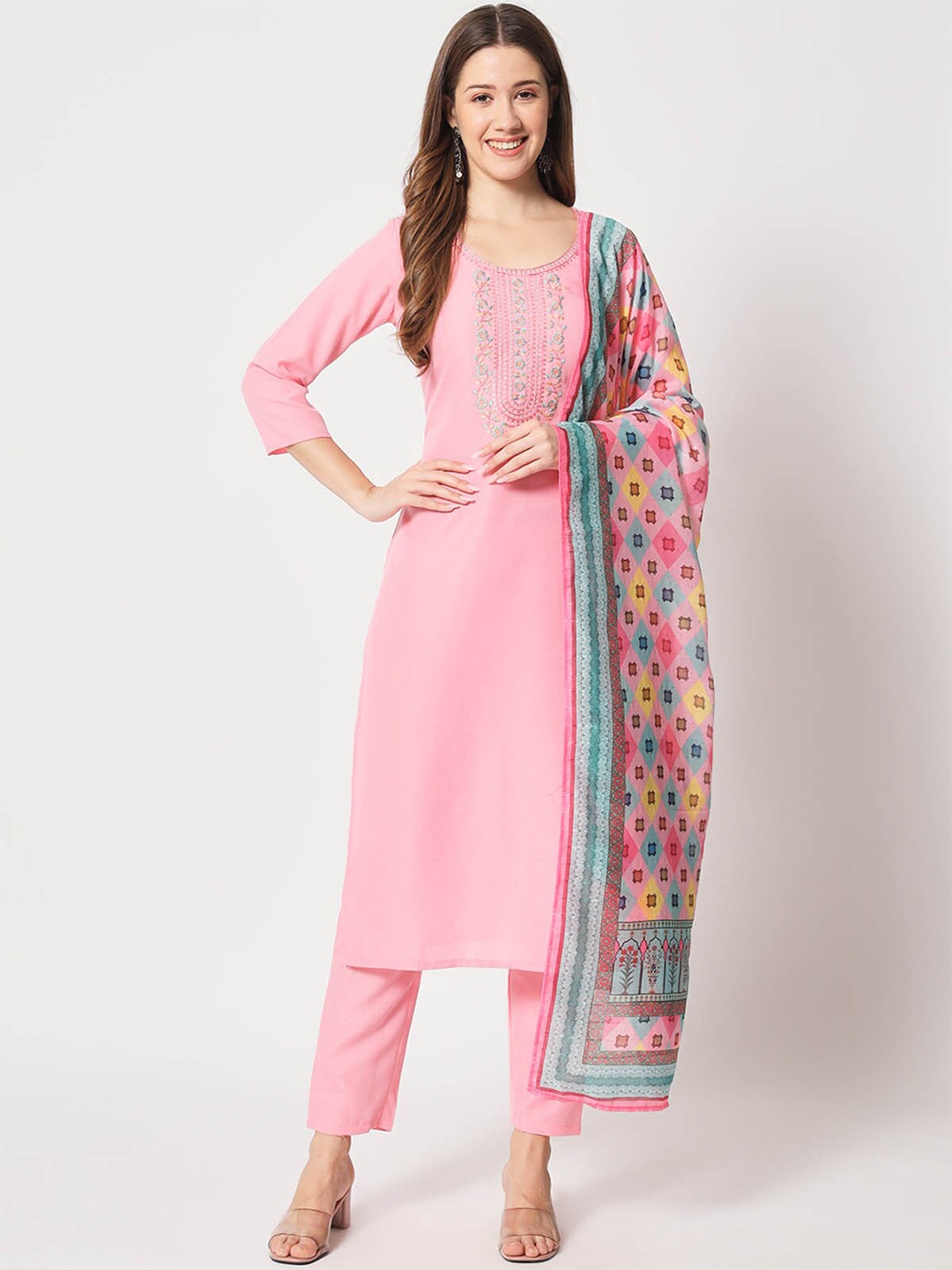 

ODETTE Floral Yoke Design Thread Work Kurta With Trousers & Dupatta, Pink