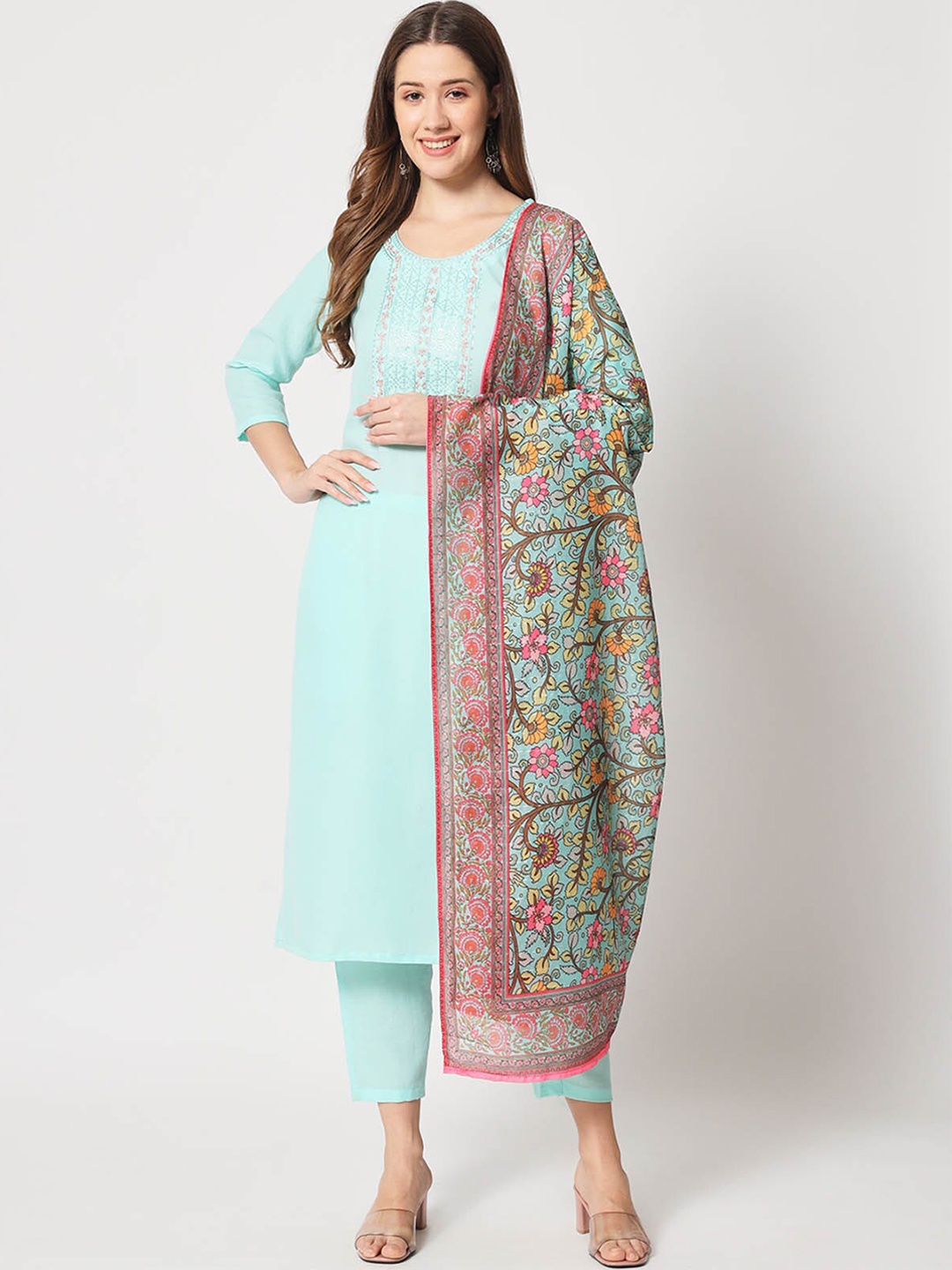 

ODETTE Floral Yoke Design Thread Work Kurta With Trousers & Dupatta, Blue