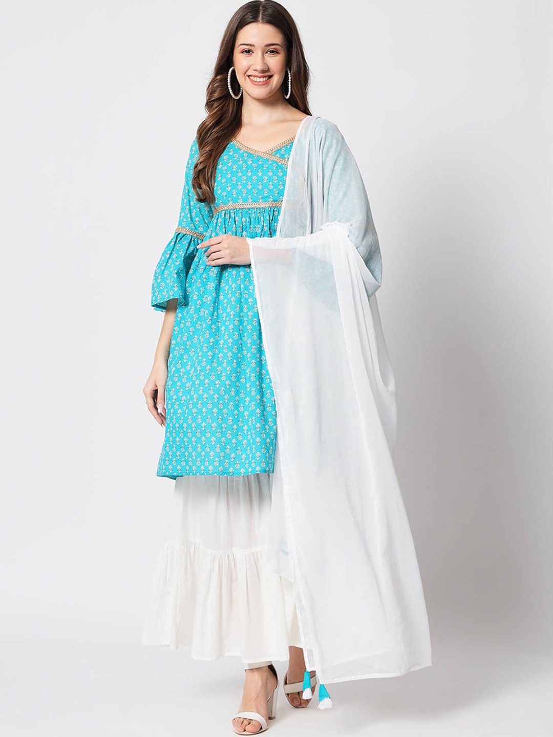 

ODETTE Floral Printed Angrakha Kurta With Sharara & Dupatta, Blue