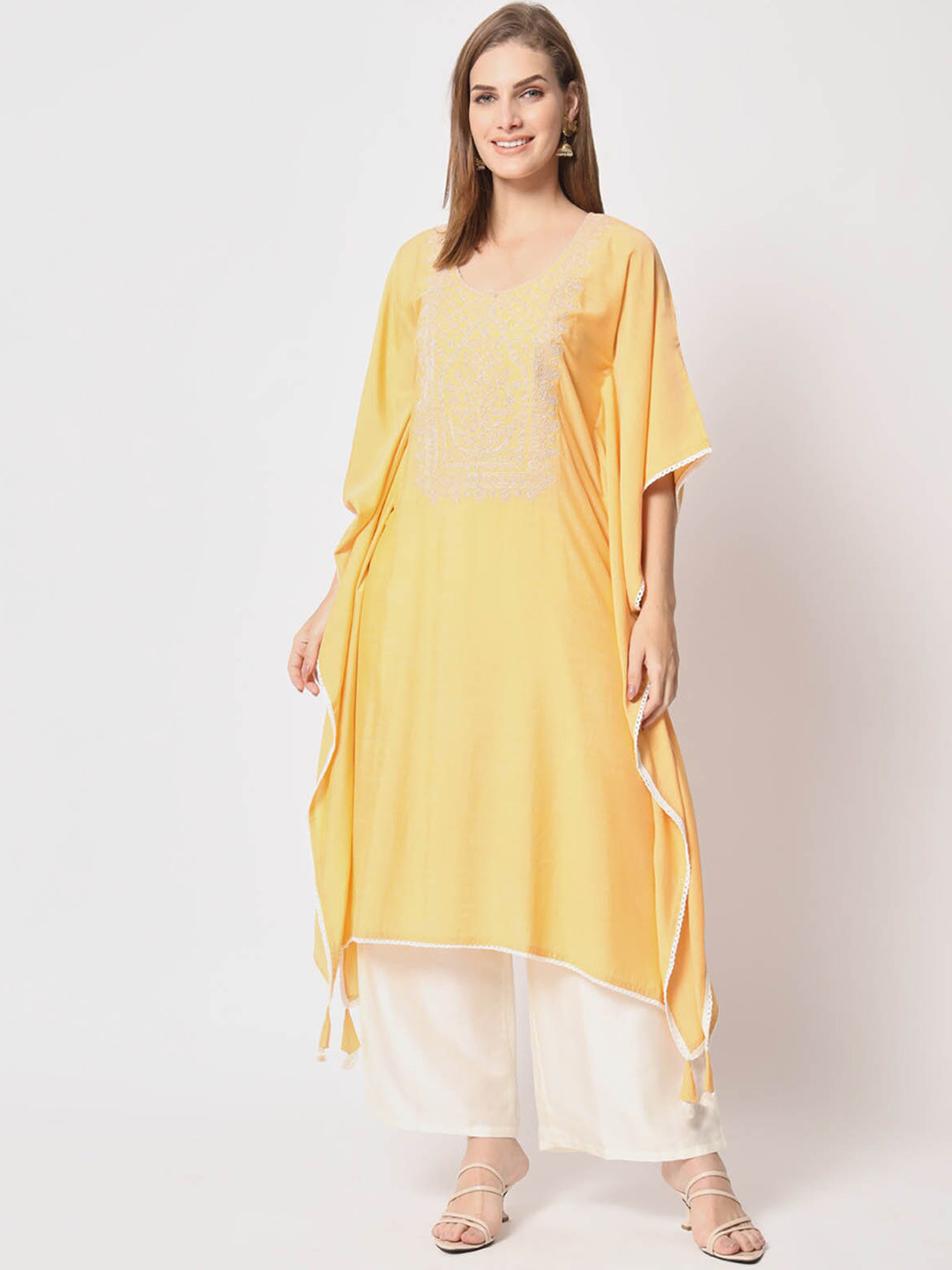 

ODETTE Ethnic Motifs Yoke Design Regular Kurta With Palazzos, Yellow