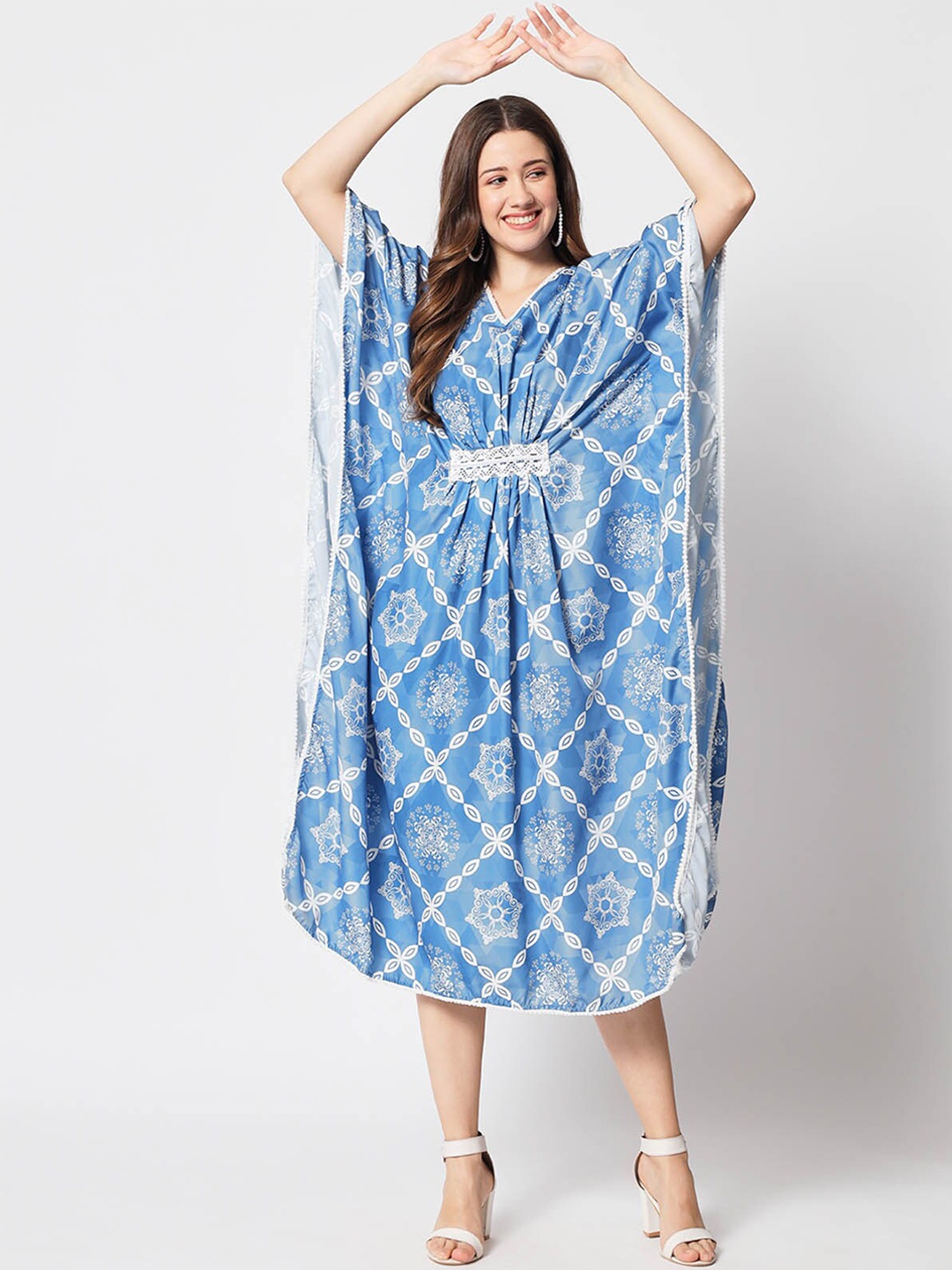 

ODETTE Ethnic Motifs Printed Kaftan Ethnic Dress, Blue