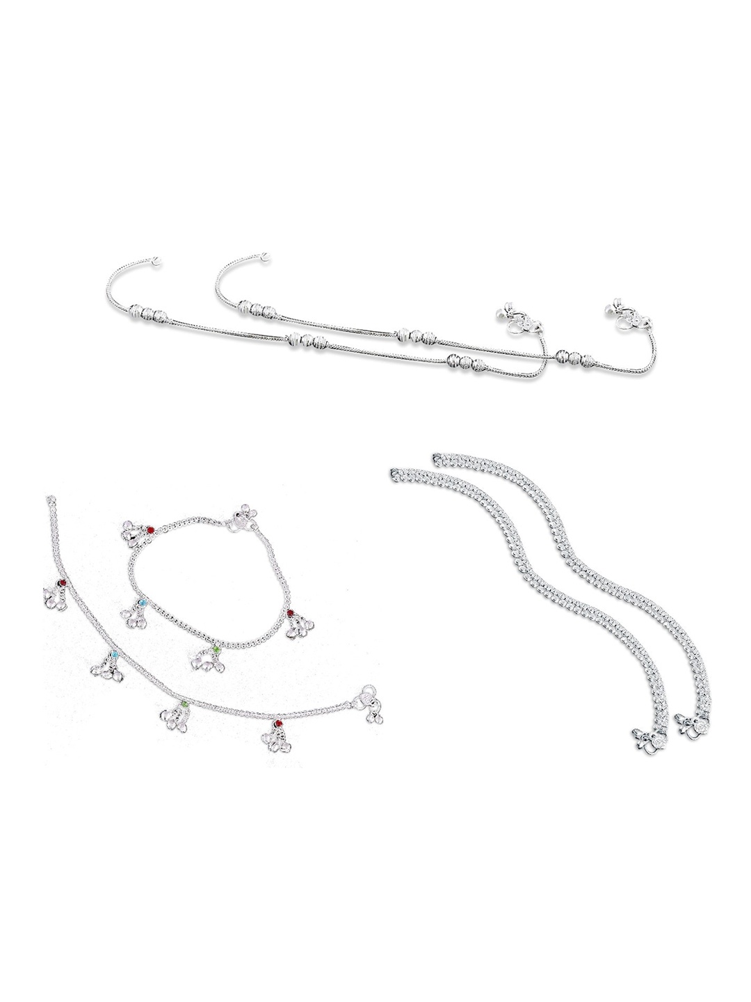 

RUHI COLLECTION Set Of 3 Silver-Plated Stone Studded & Beaded Anklets