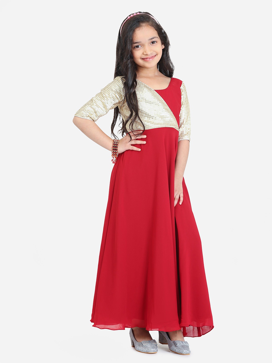 

Ethnovog Girls Colourblocked Sequined Georgette Fit & Flare Maxi Dress, Maroon