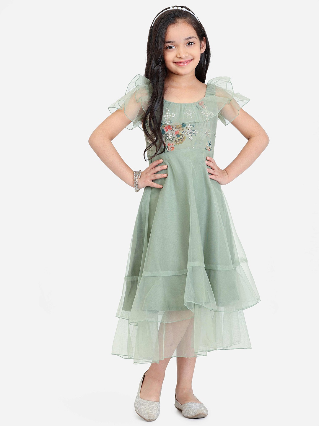 

Ethnovog Girls Floral Printed Ruffled Net Fit & Flare Midi Dress, Sea green