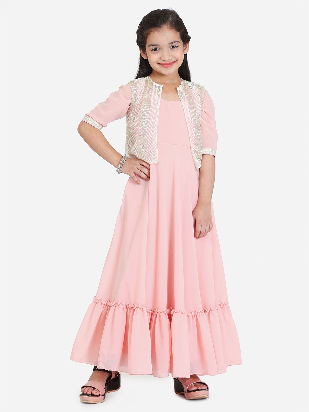 

Ethnovog Girls Georgette Fit & Flare Maxi Dress With Embroidered Jacket, Pink