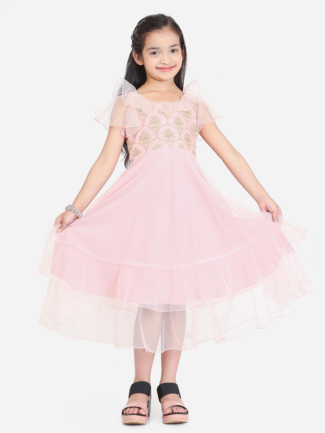 

Ethnovog Girls Ethnic Motif Embroidered Ruffled Net Fit & Flare Midi Dress, Pink