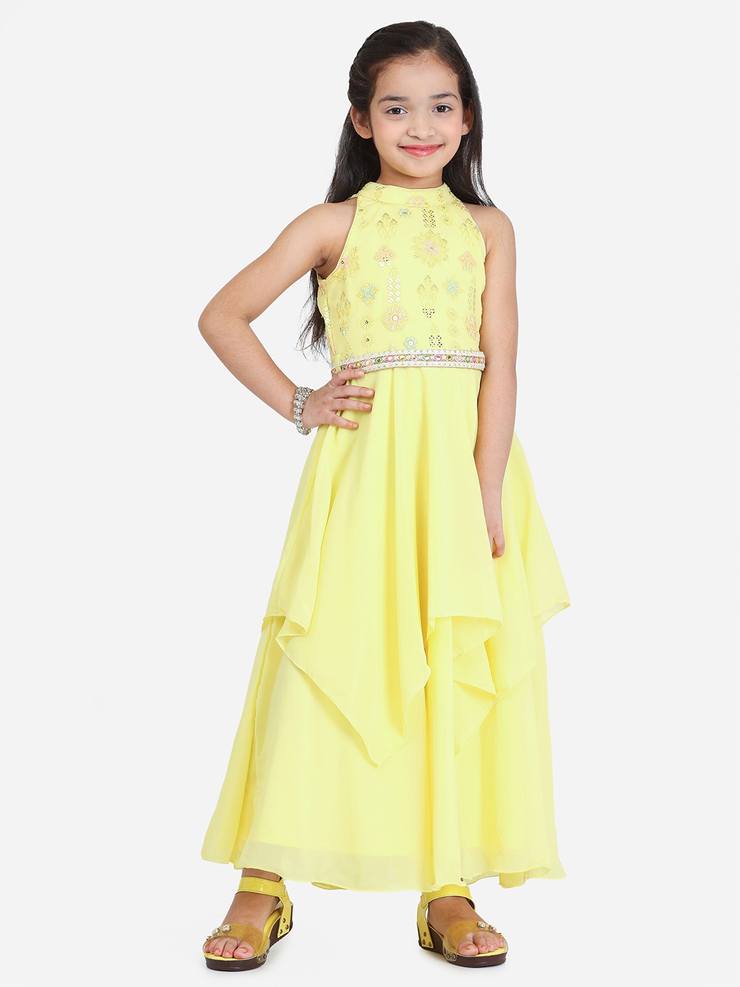 

Ethnovog Girls Floral Embroidered Georgette Maxi Dress, Yellow
