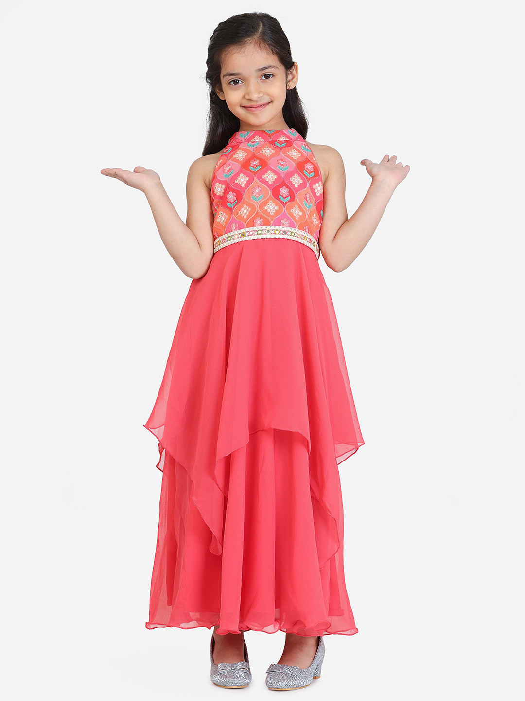 

Ethnovog Girls Floral Embroidered Layered Georgette Fit & Flare Maxi Dress, Pink