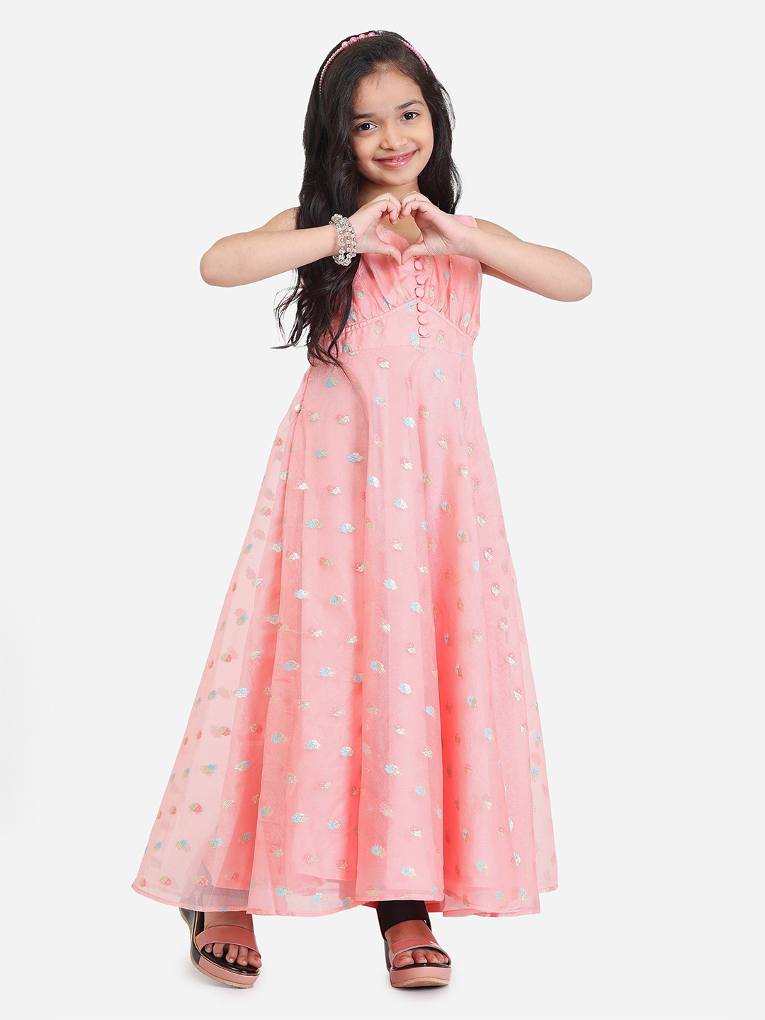

Ethnovog Girls Floral Printed V-Neck A-Line Maxi Dress, Pink