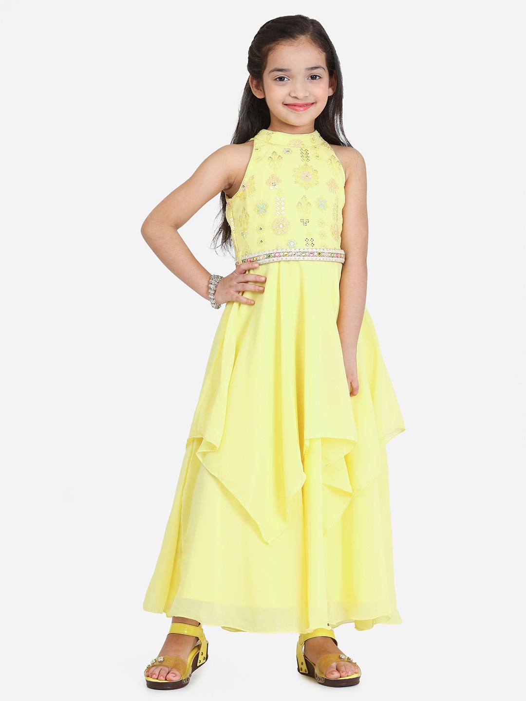 Ethnovog Girls Floral Embroidered Georgette Maxi Dress, Yellow