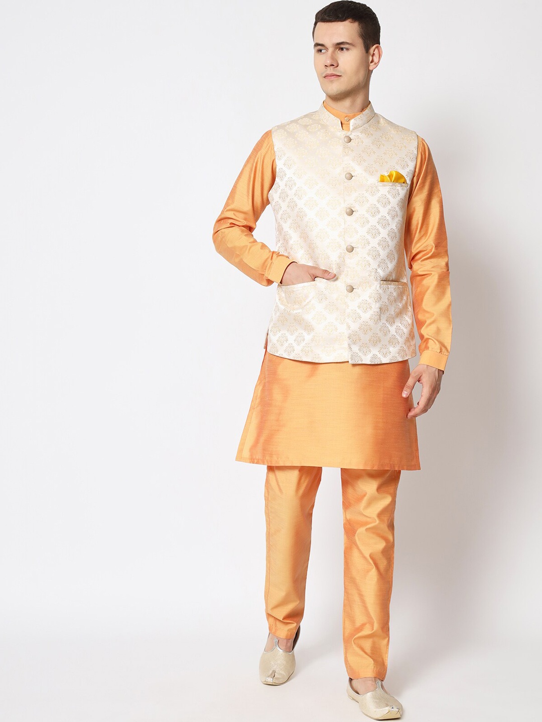 

MAXENCE Band Collar Kurta With Pyjamas & Nehru Jacket, Orange