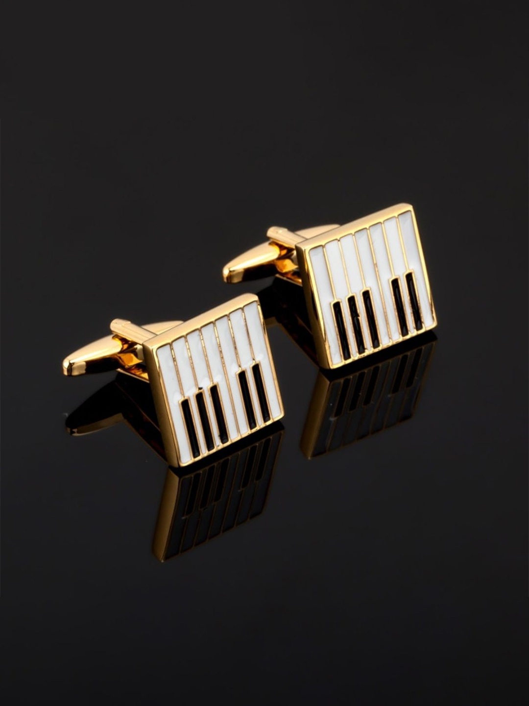 

ZIVOM Gold-Toned & White Square Textured Piano Music Black Formal Shirt Cufflinks