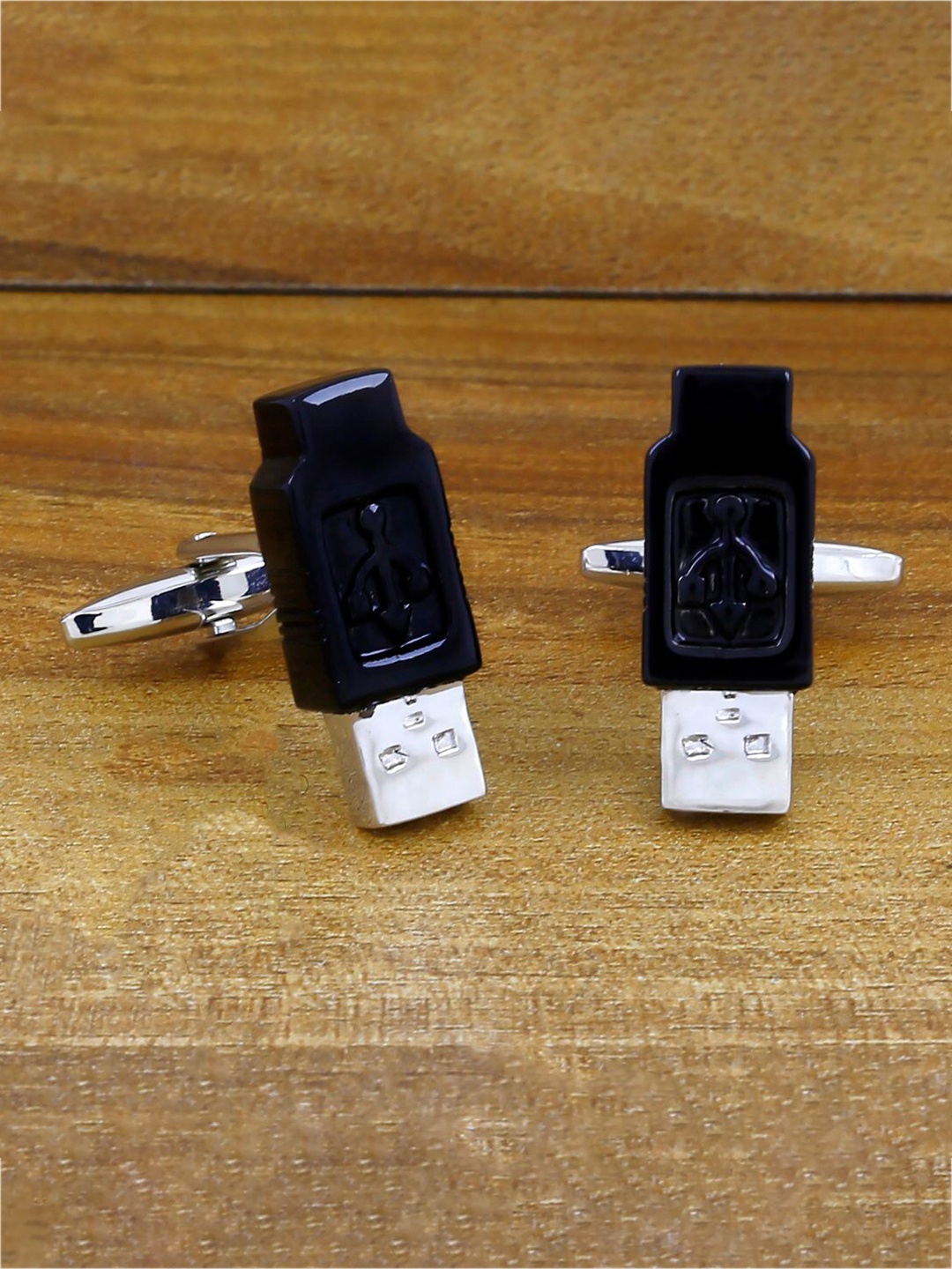 

ZIVOM Silver-Toned Quirky Pen Drive Black Formal Shirt Cufflinks