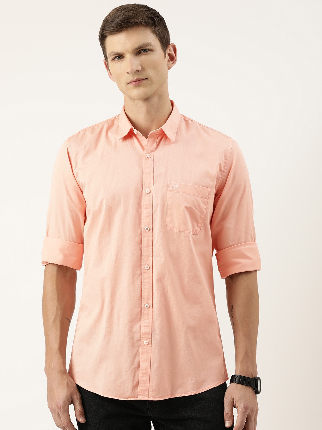 

Peter England Men Slim Fit Opaque Cotton Casual Shirt, Peach