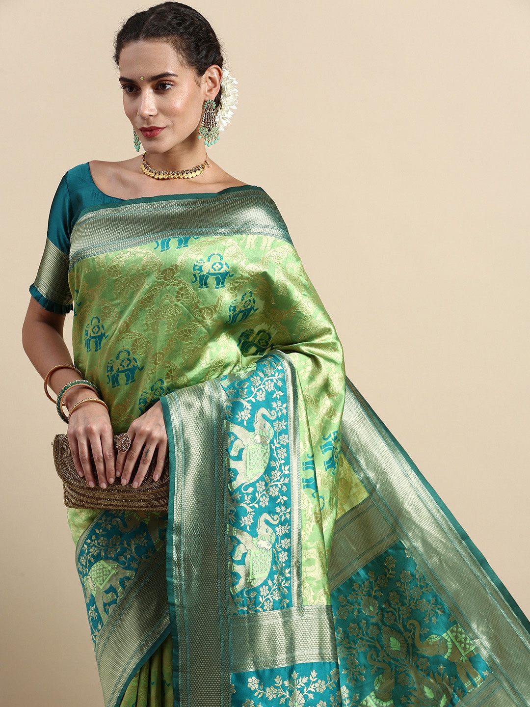 

Lilots Ethnic Motifs Woven Design Banarasi Saree with Blouse Piece, Green