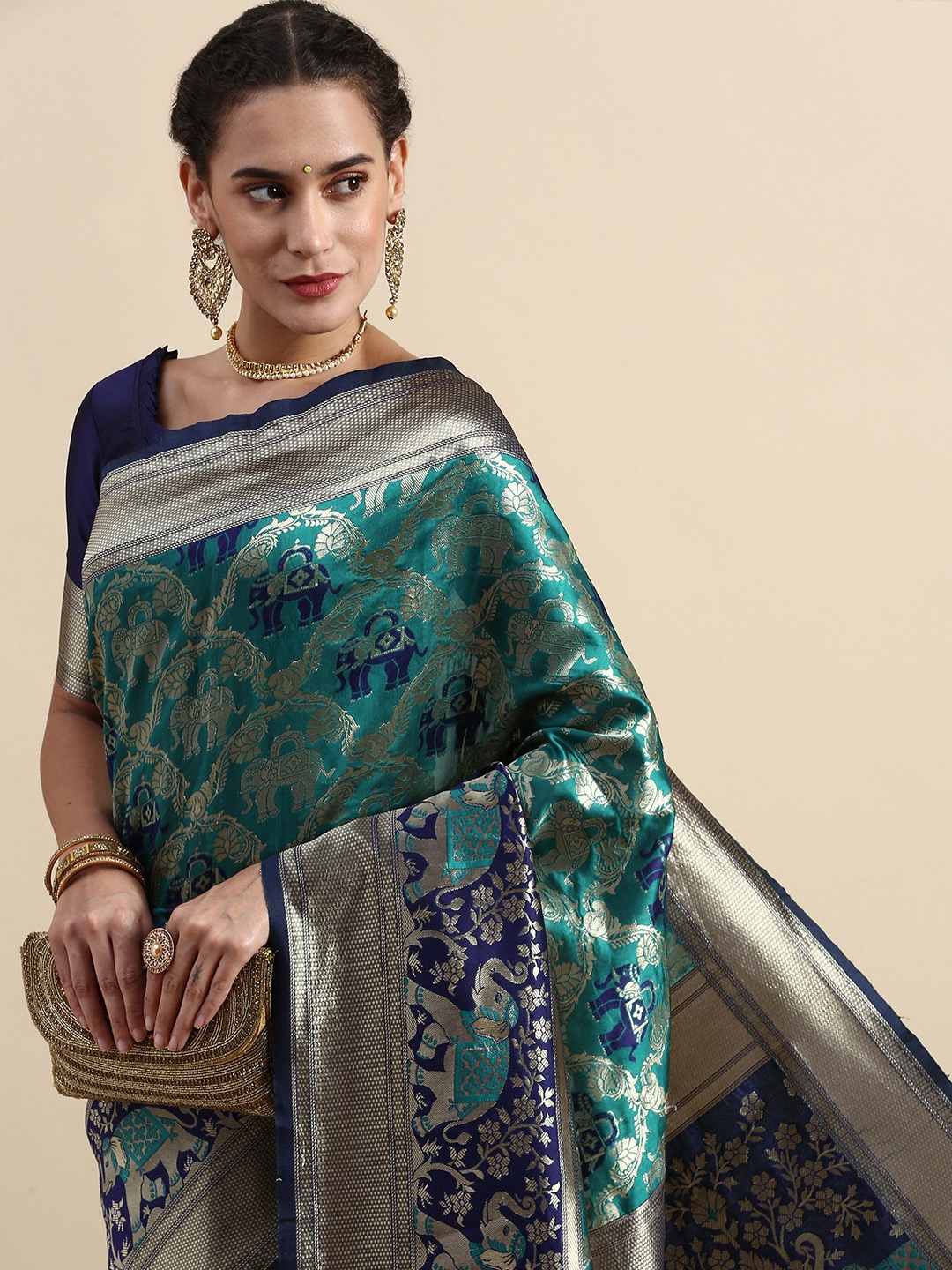 

Lilots Ethnic Motifs Woven Design Banarasi Saree with Blouse Piece, Blue