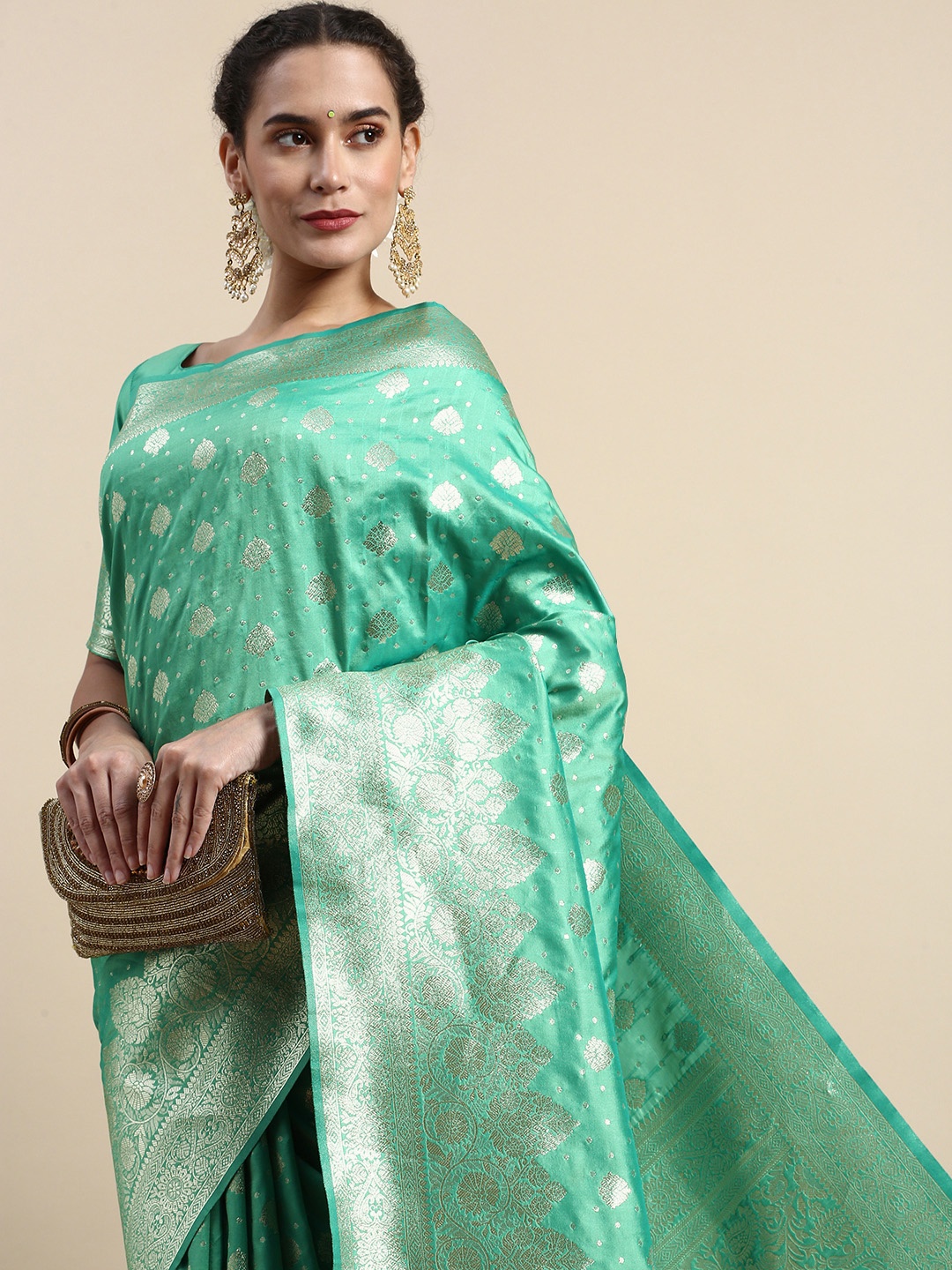 

Lilots Ethnic Motifs Woven Design Banarasi Saree with Blouse Piece, Turquoise blue