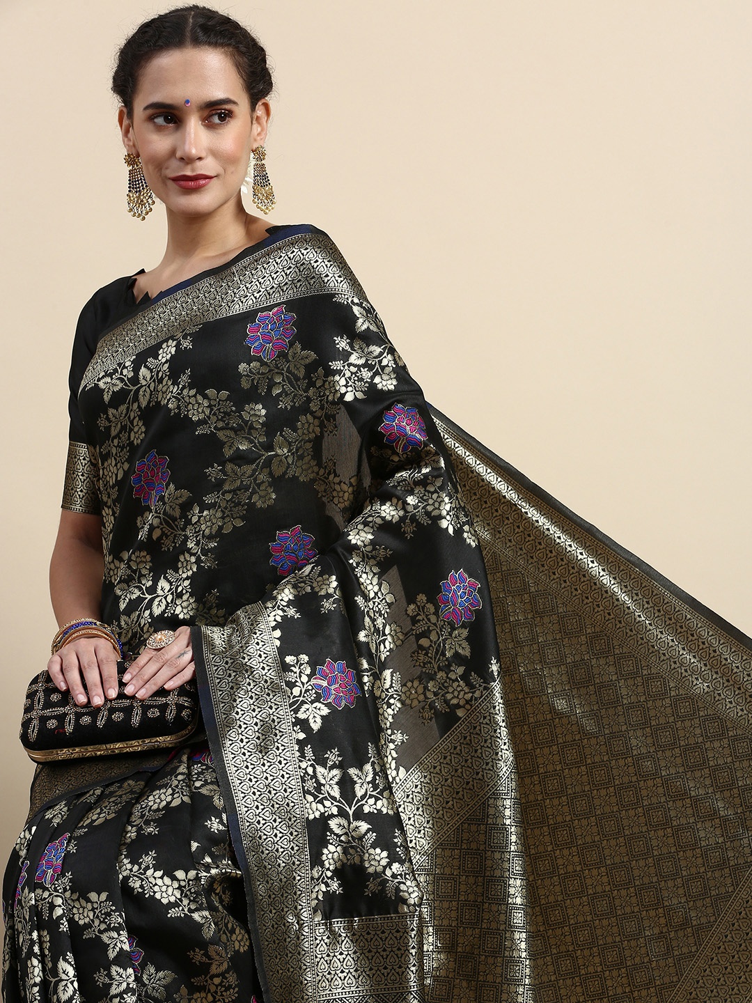 

Lilots Floral Woven Design Banarasi Saree with Blouse Piece, Black