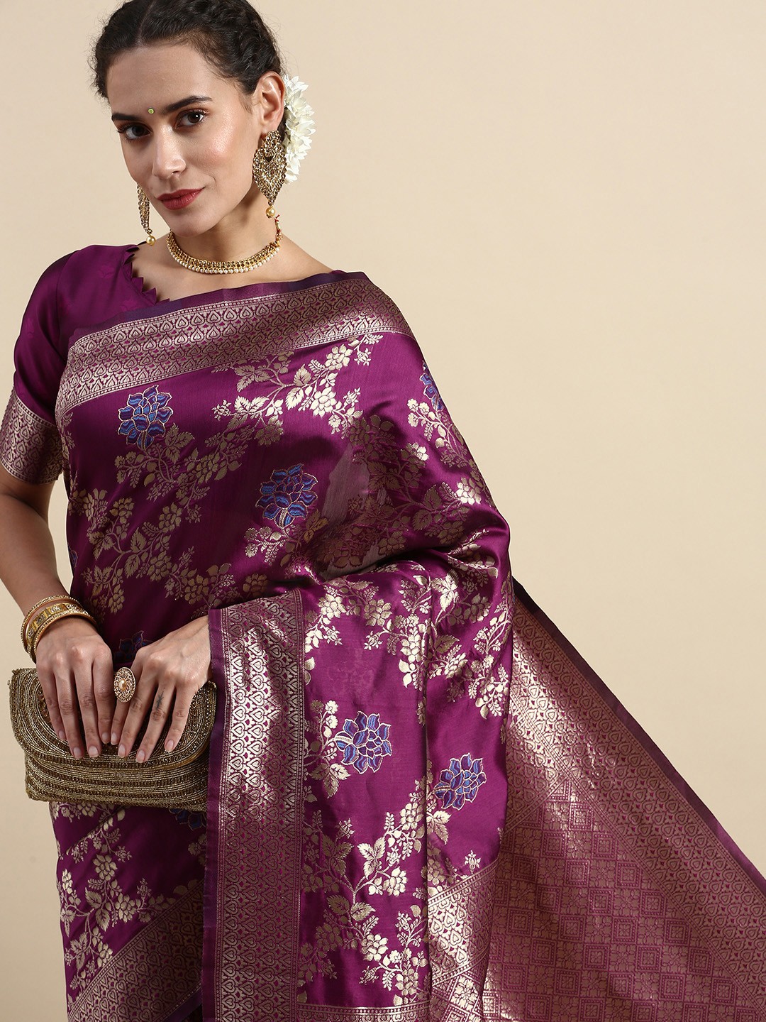 

Lilots Floral Woven Design Banarasi Saree with Blouse Piece, Magenta
