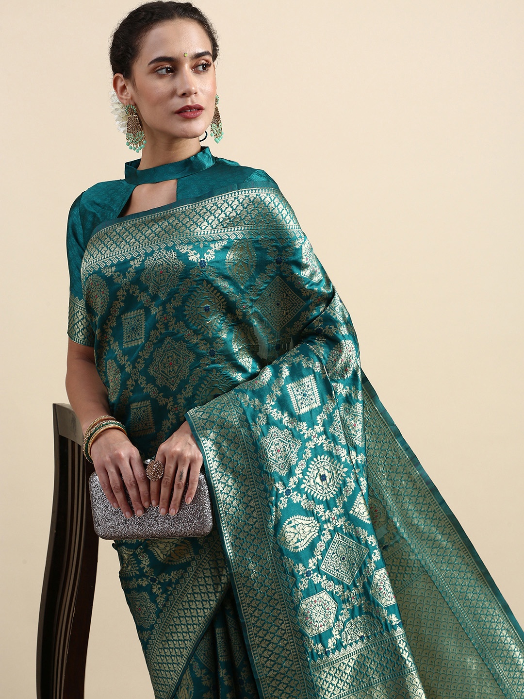 

Lilots Ethnic Motifs Woven Design Banarasi Saree with Blouse Piece, Teal