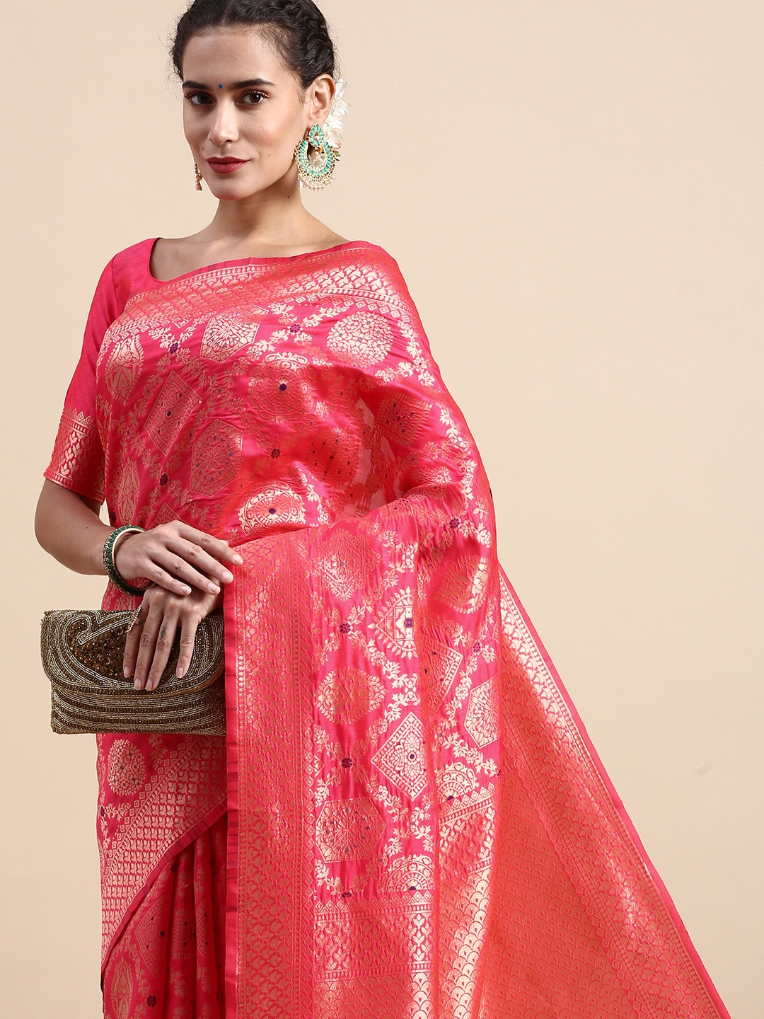 

Lilots Ethnic Motifs Woven Design Banarasi Saree with Blouse Piece, Pink