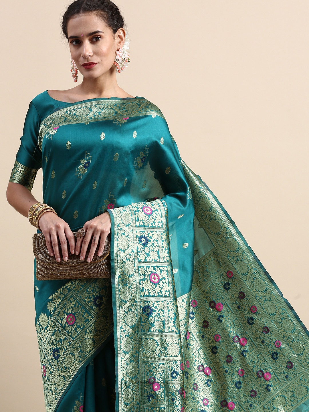 

Lilots Ethnic Motifs Woven Design Banarasi Saree with Blouse Piece, Teal