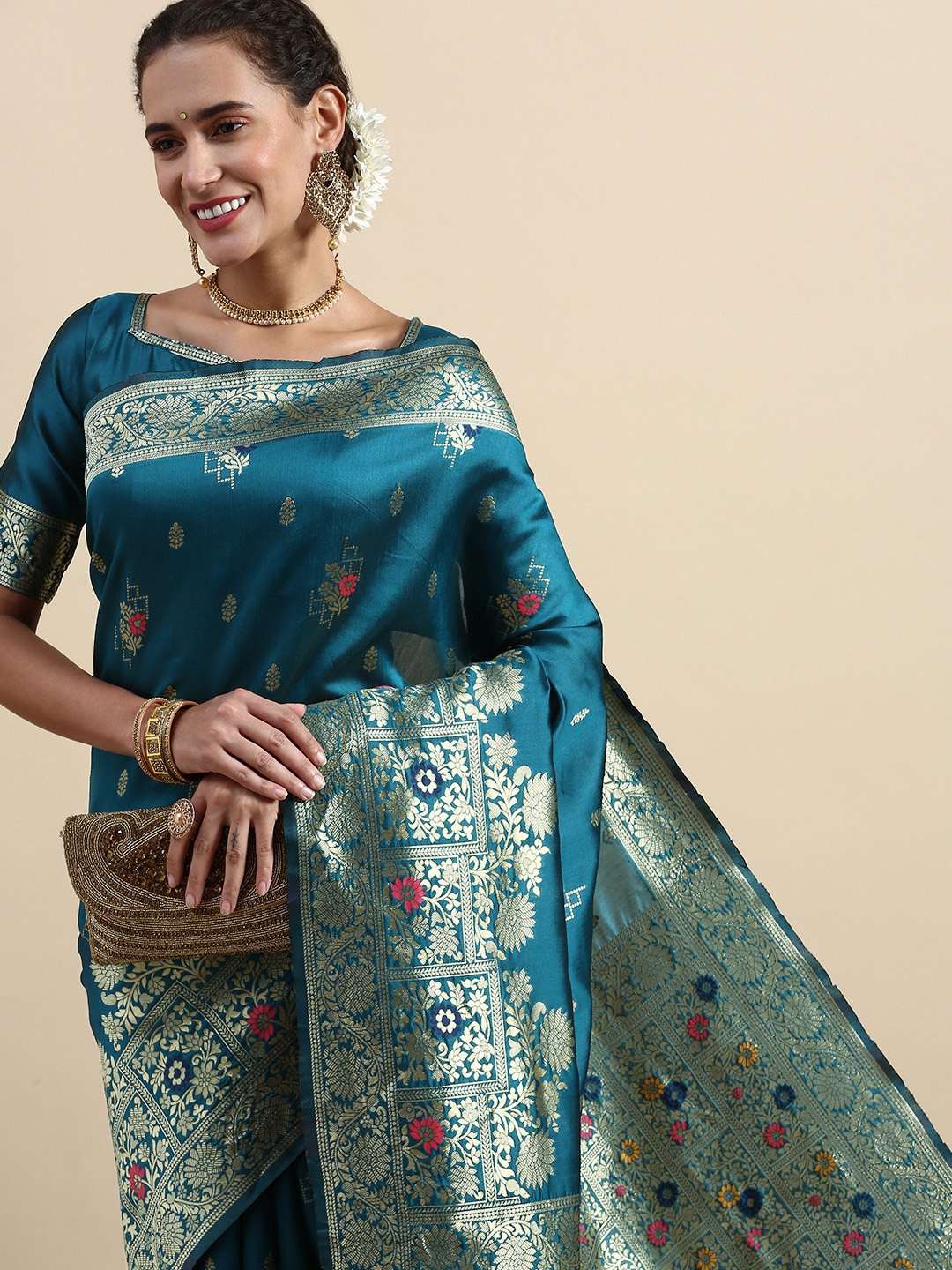 

Lilots Ethnic Motifs Woven Design Banarasi Saree with Blouse Piece, Blue