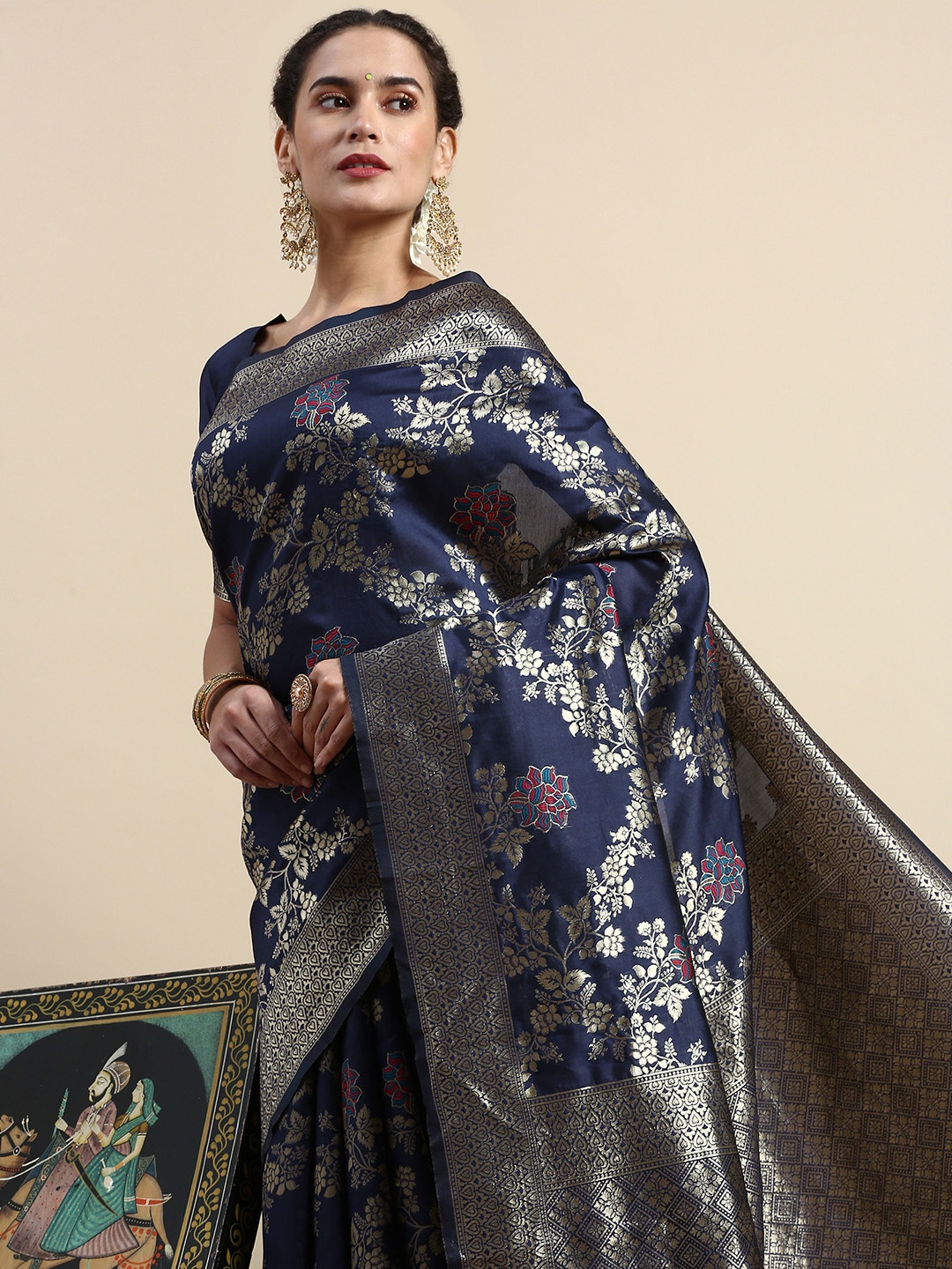 

Lilots Floral Woven Design Banarasi Saree with Blouse Piece, Navy blue