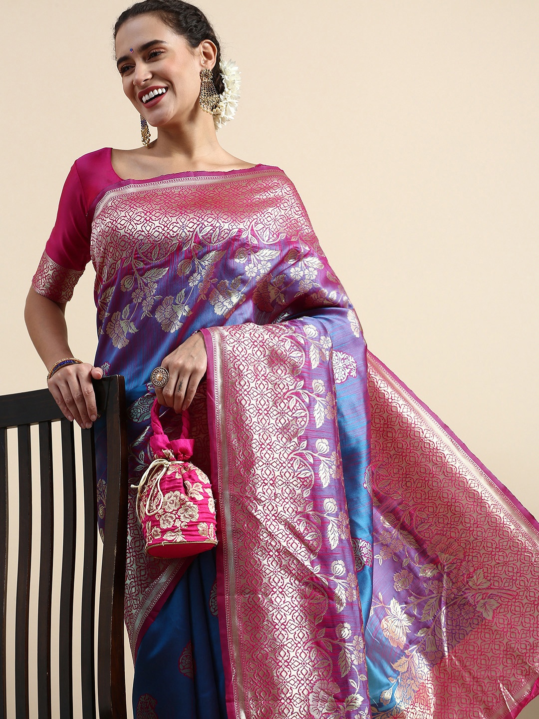

Lilots Ethnic Motifs Woven Design Banarasi Saree with Blouse Piece, Blue