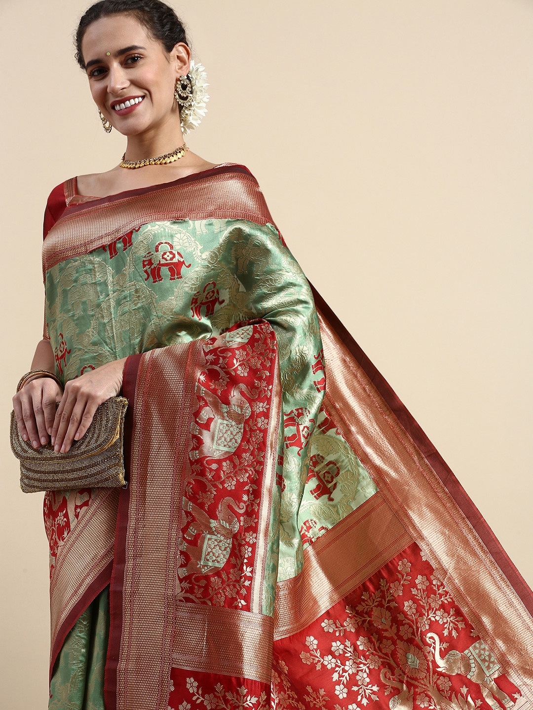 

Lilots Ethnic Motifs Woven Design Banarasi Saree with Blouse Piece, Green