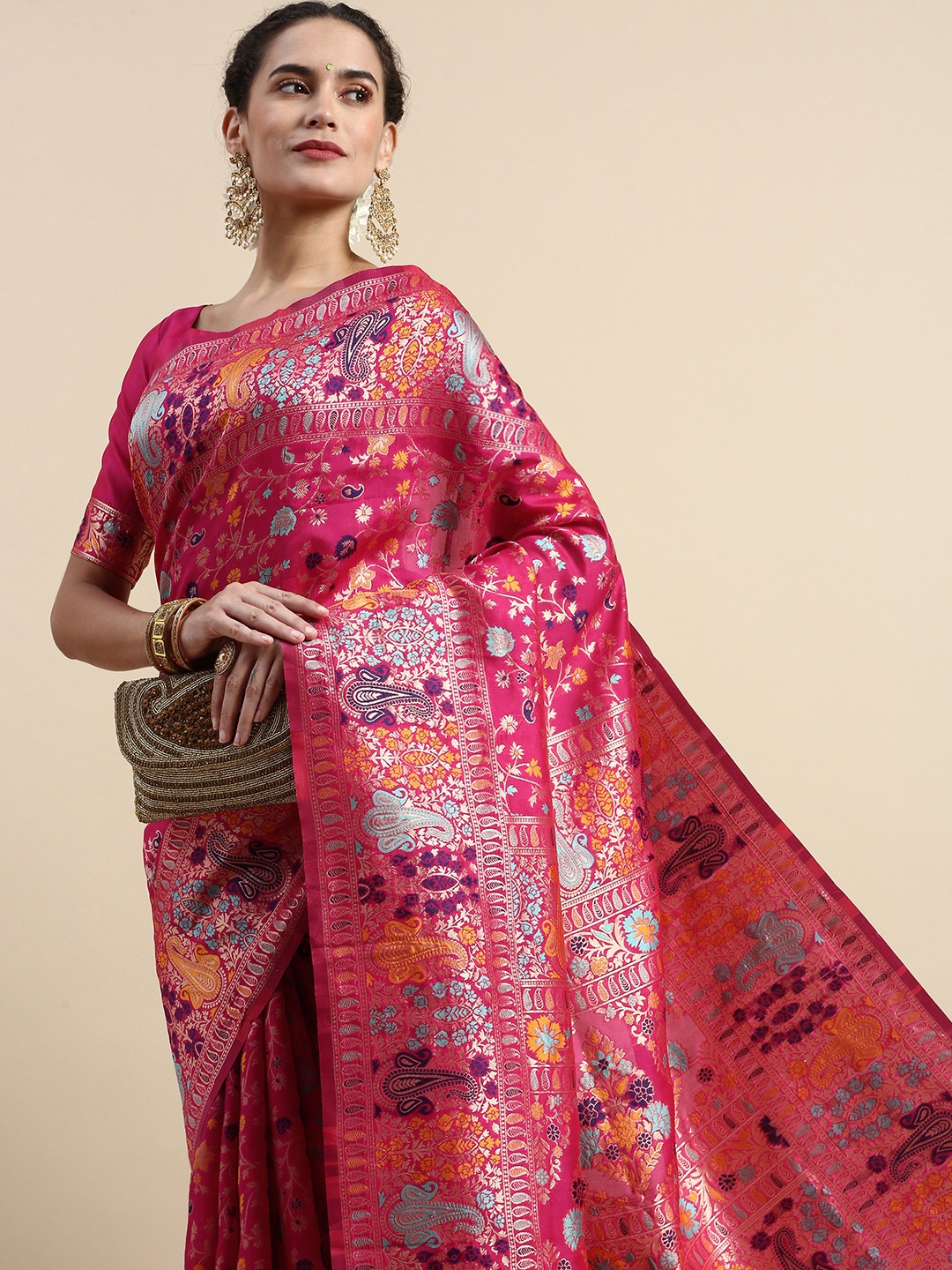 

Lilots Ethnic Motifs Woven Design Banarasi Saree with Blouse Piece, Pink