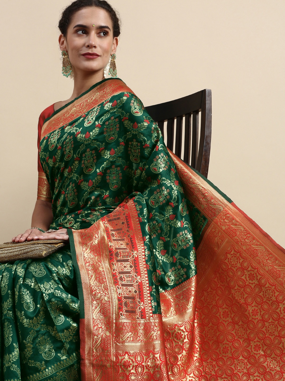 

Lilots Ethnic Motifs Woven Design Banarasi Saree with Blouse Piece, Green