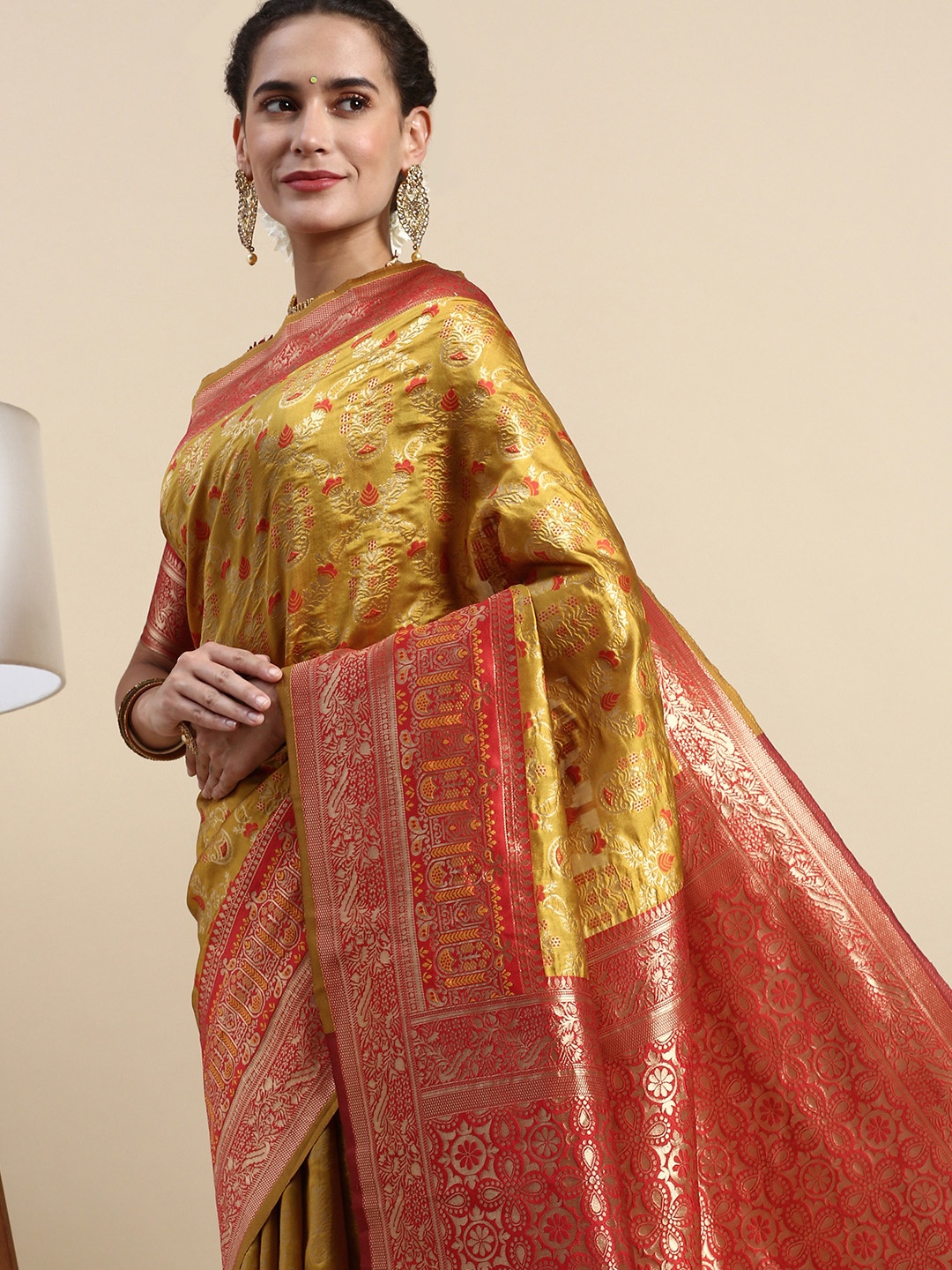 

Lilots Ethnic Motifs Woven Design Banarasi Saree with Blouse Piece, Mustard