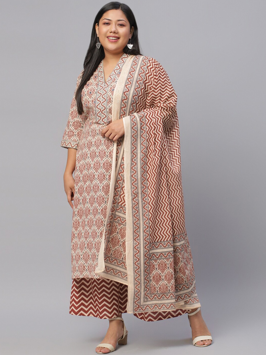 

EXTRA LOVE BY LIBAS Plus Size Ethnic Printed Pure Cotton Kurta with Palazzos & Dupatta, Beige