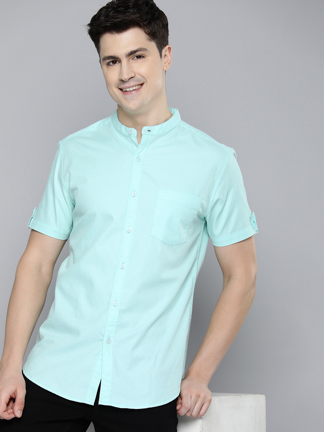 

HERE&NOW Men Slim Fit Mandarin Collar Dobby Casual Shirt, Turquoise blue