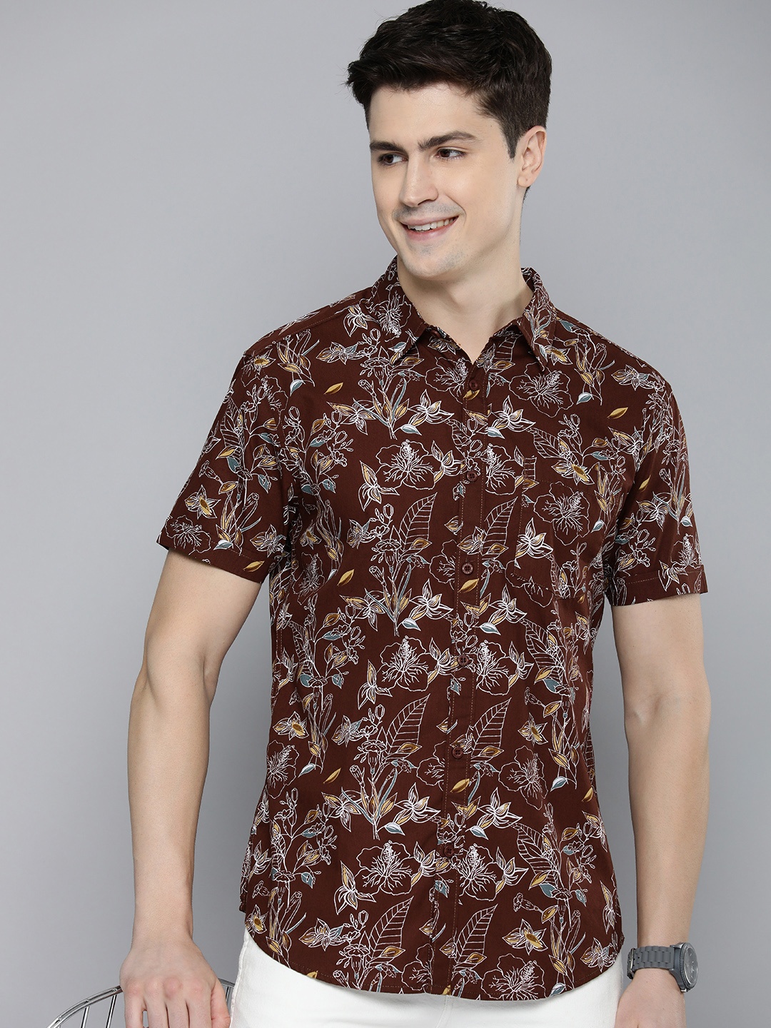

HERE&NOW Men Slim Fit Floral Printed Casual Shirt, Maroon