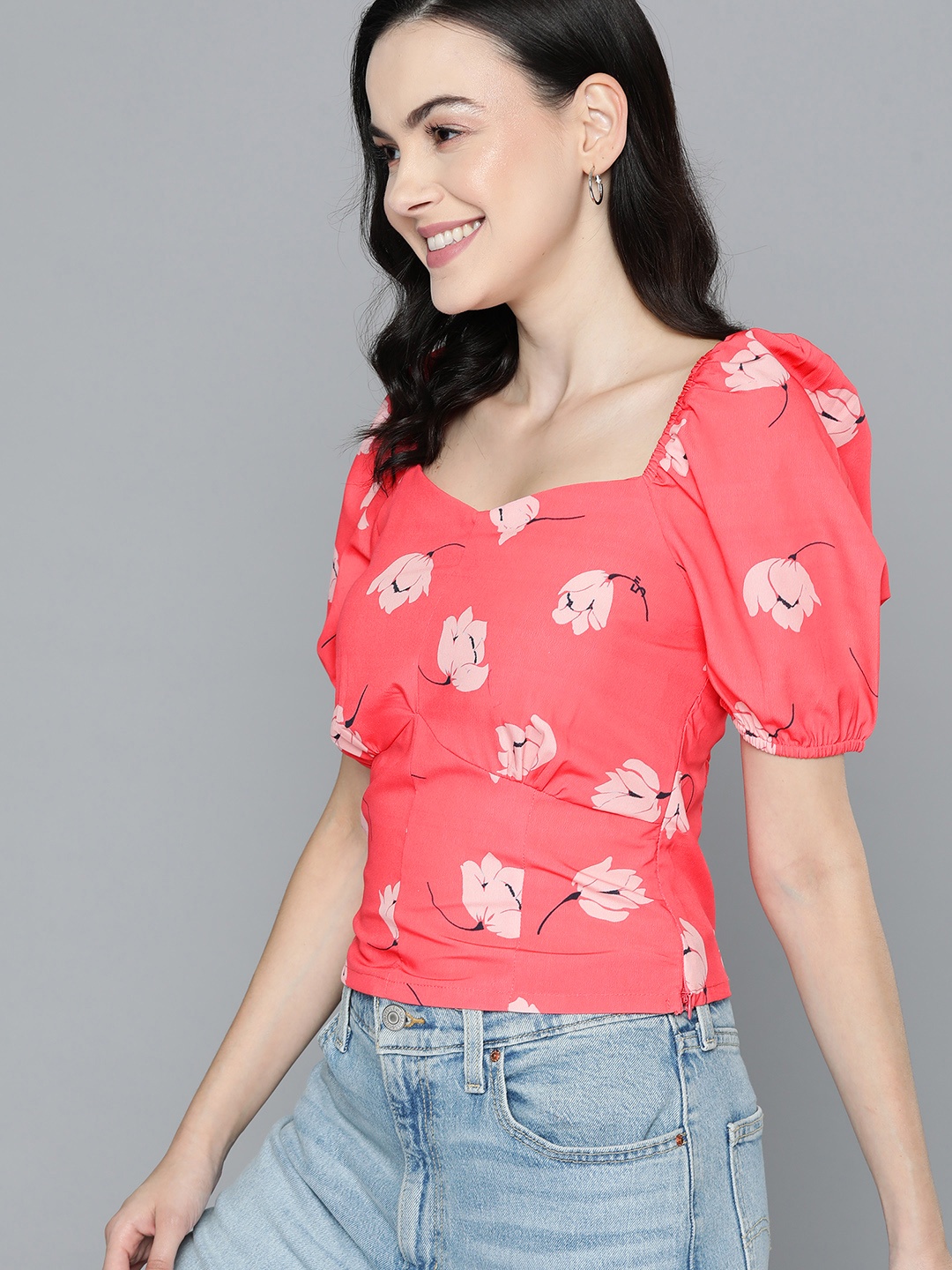 

Mast & Harbour Floral Print Smocked Top, Coral