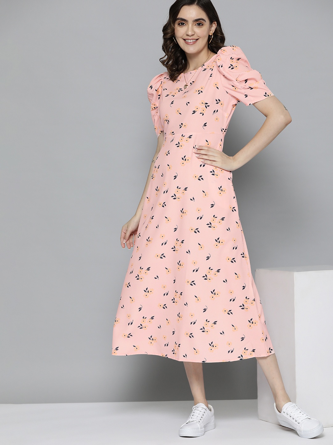 

Mast & Harbour Floral Print Puff Sleeves A-Line Midi Dress, Peach