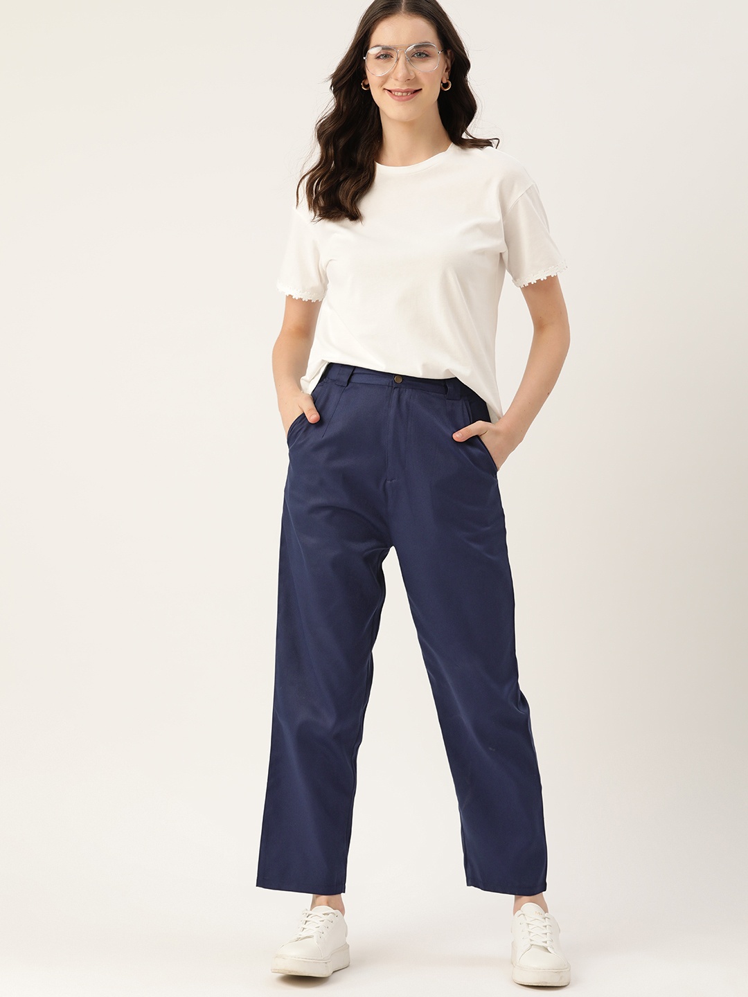 

Mast & Harbour Women Solid Regular Trousers, Navy blue