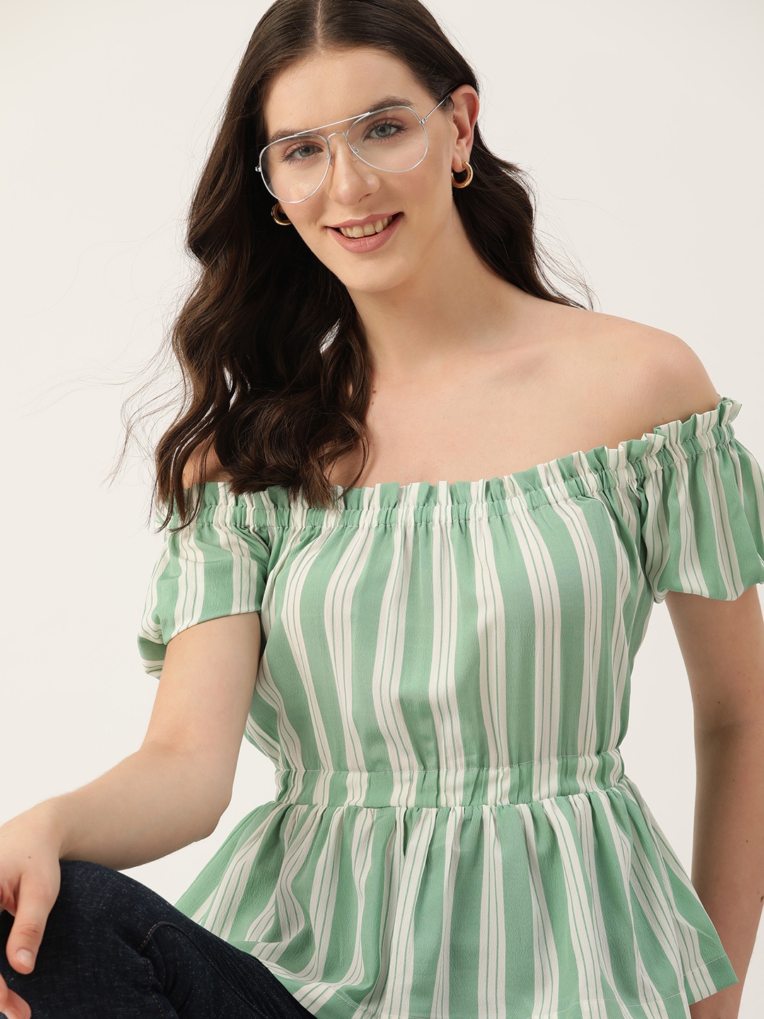 

Mast & Harbour Striped Puff Sleeve Bardot Top, Sea green