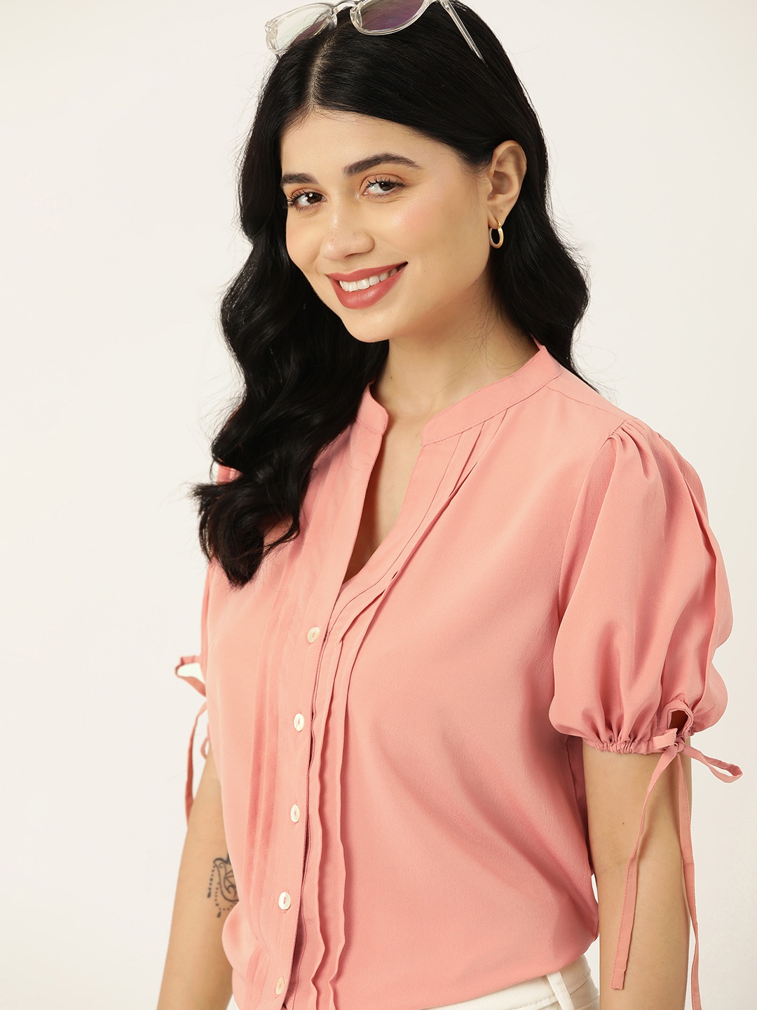 

M&H Our Water Mandarin Collar Puff Sleeves Sustainable Top, Peach