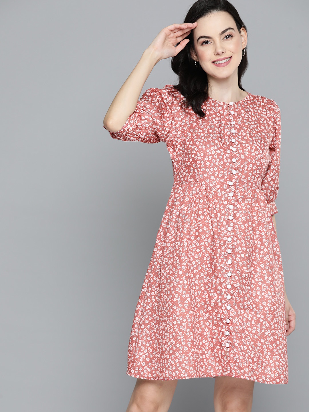 

Mast & Harbour Floral Print Puff Sleeve Fit & Flare Dress, Rust