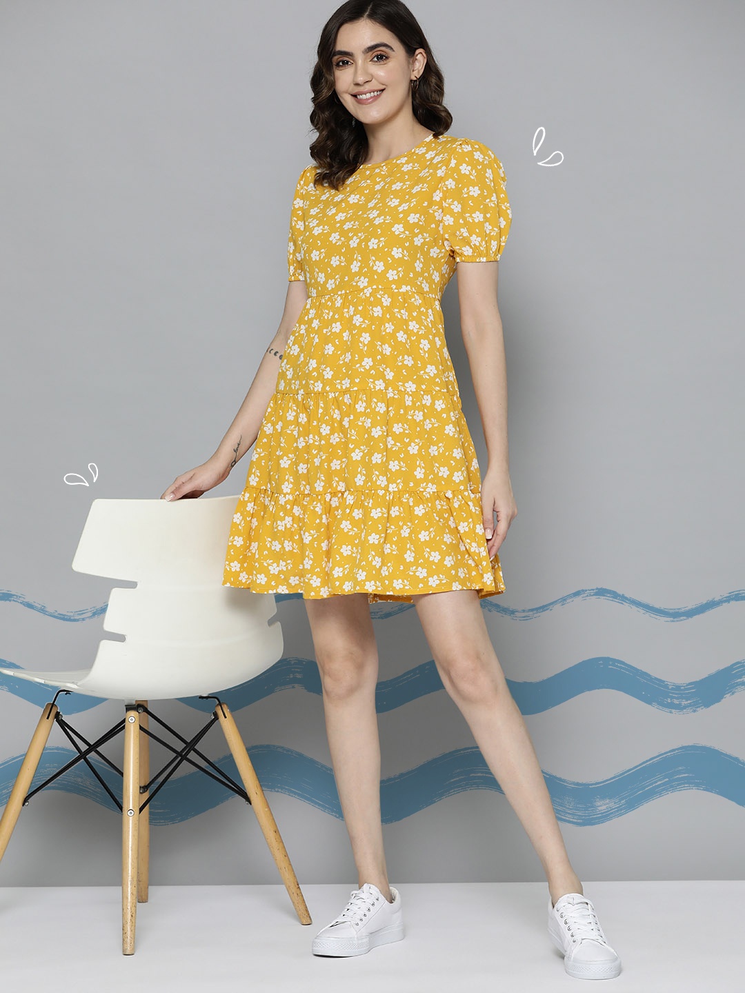 

M&H Our Water Floral Print Puff Sleeve Tiered Sustainable Dress, Mustard