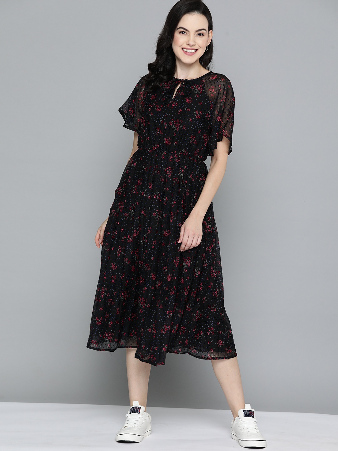 

Mast & Harbour Floral Print A-Line Midi Dress, Black