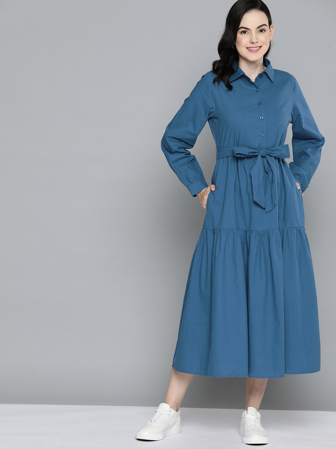 

Mast & Harbour Pure Cotton A-Line Midi Dress with Belt, Blue