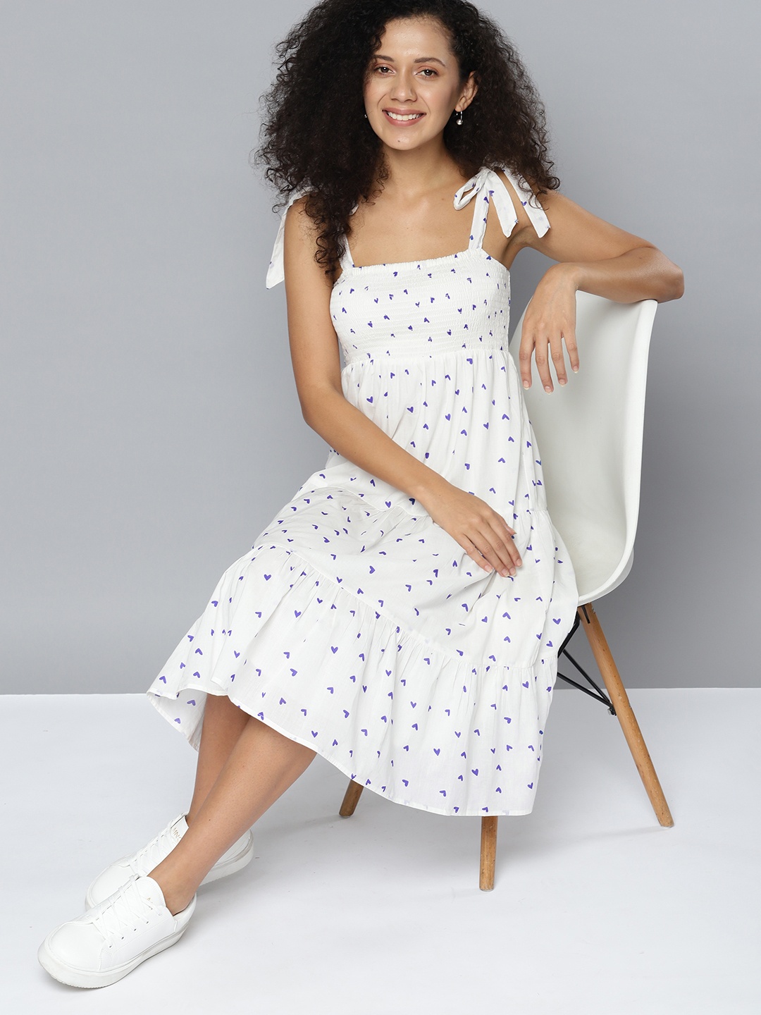 

Mast & Harbour Pure Cotton Heart Print Smocked Tiered A-Line Midi Dress, White