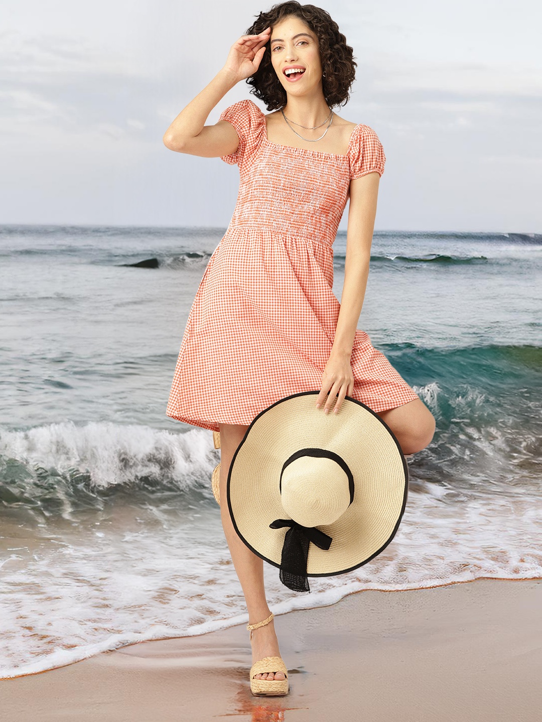 

Mast & Harbour Pure Cotton Smocked Checked Puff Sleeve A-Line Dress, Orange