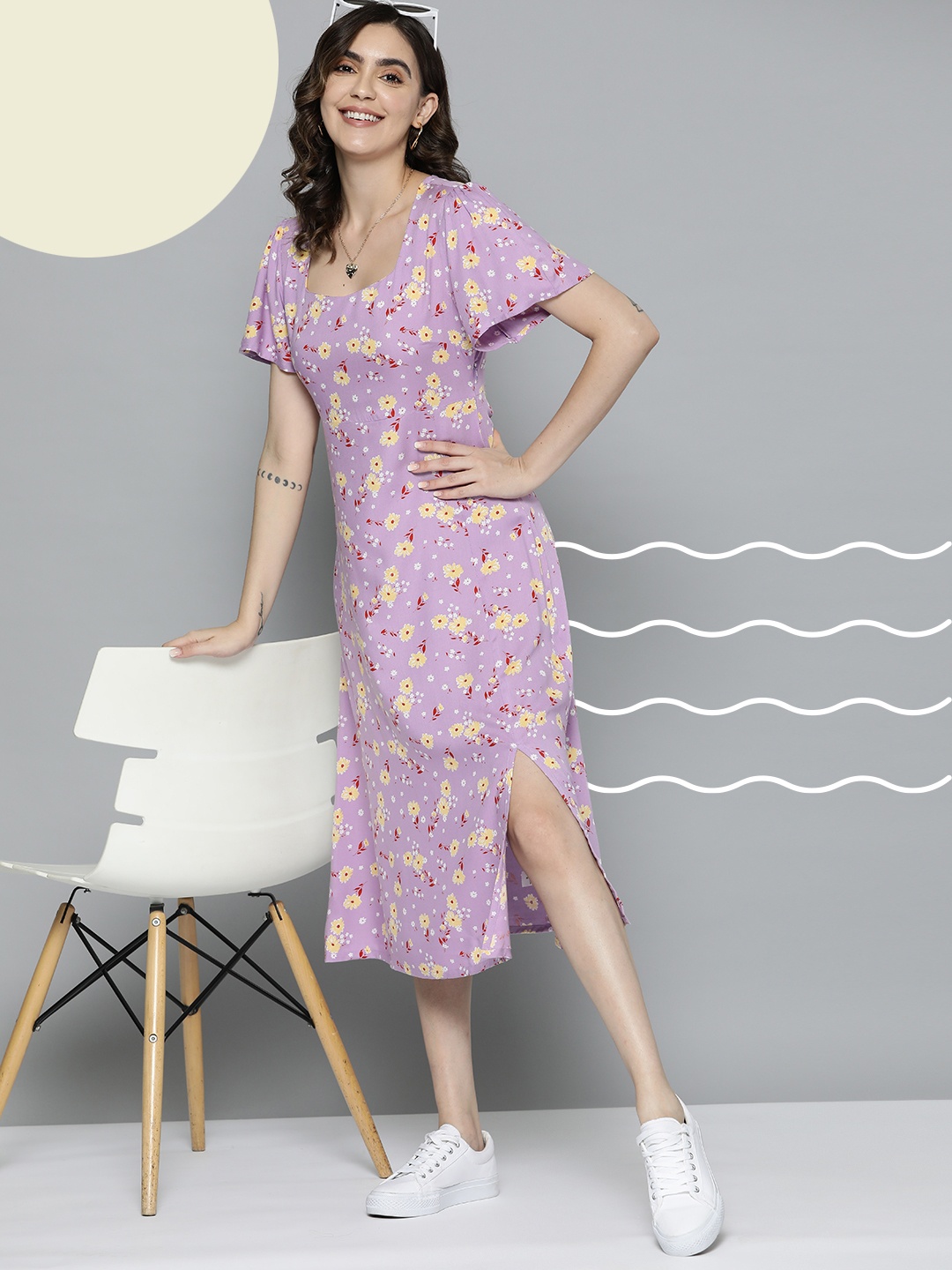 

Mast & Harbour Floral Print Flared Sleeves A-Line Midi Dress, Lavender